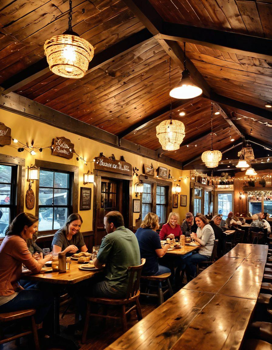A warm and inviting scene of a Texas family restaurant bustling with guests, featuring a long wooden table adorned with hearty dishes like barbecue, tacos, and homemade pies, surrounded by happy families sharing laughter and stories. The atmosphere is filled with rustic decor, fairy lights, and a cozy vibe that captures the spirit of togetherness. Capture the joy and love in the air, emphasizing the emotional connection over the meal.  vibrant colors. rustic style. warm lighting.