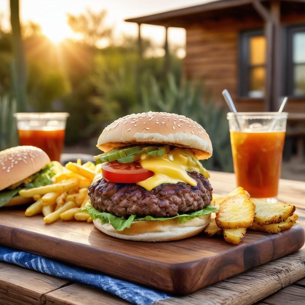 A mouth-watering gourmet country-style burger stacked high with fresh ingredients, surrounded by rustic wooden elements like a picnic table and vintage cutlery. Include sides of crispy fries and southern-style comfort food like mac and cheese, all set against a warm Texas sunset with cacti and blue skies in the background. The scene should evoke a sense of home-cooked warmth and indulgence. vibrant colors. super-realistic.