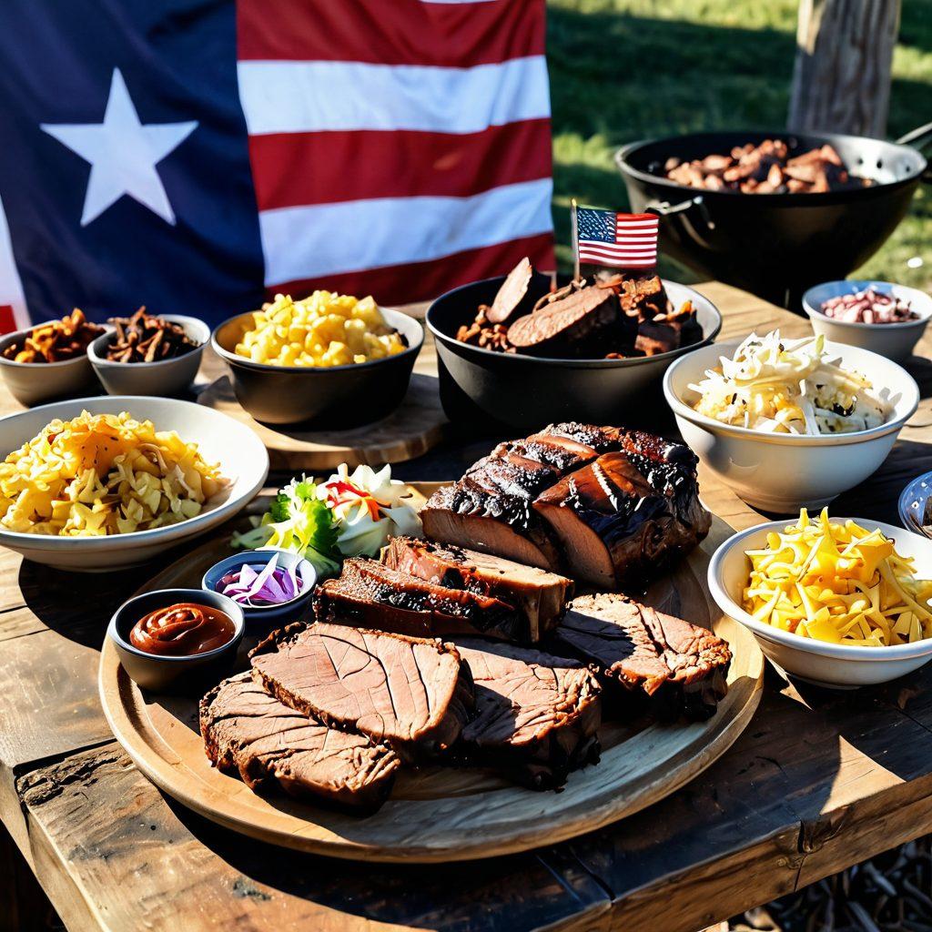 A rustic wooden table laden with an array of authentic Texas comfort cuisine, featuring smoky brisket, spicy sausage, vibrant coleslaw, and buttery cornbread. In the background, a grill with glowing coals and a Texas flag hanging proudly. Sunlight filters through, casting a warm glow on the dishes. The scene evokes a sense of home and comfort. super-realistic. warm colors. natural light.